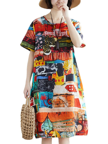 Abstract Painted Pocket Round Neck Short Sleeve Loose Midi Dress