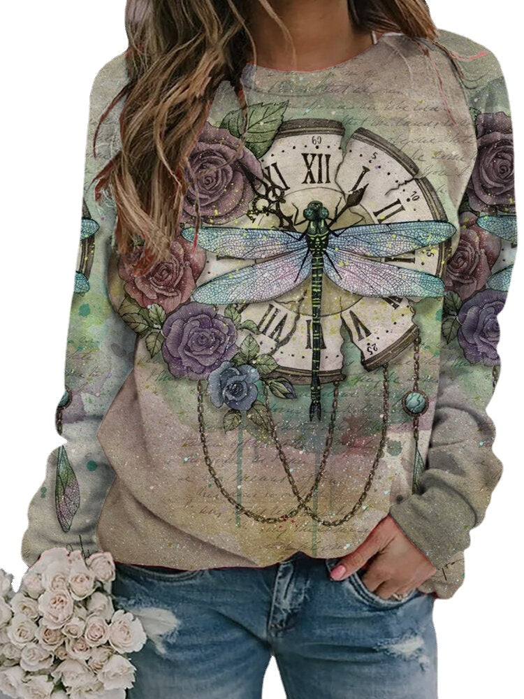 Vintage Dragonfly Printed Long Sleeve O-neck Blouse For Women