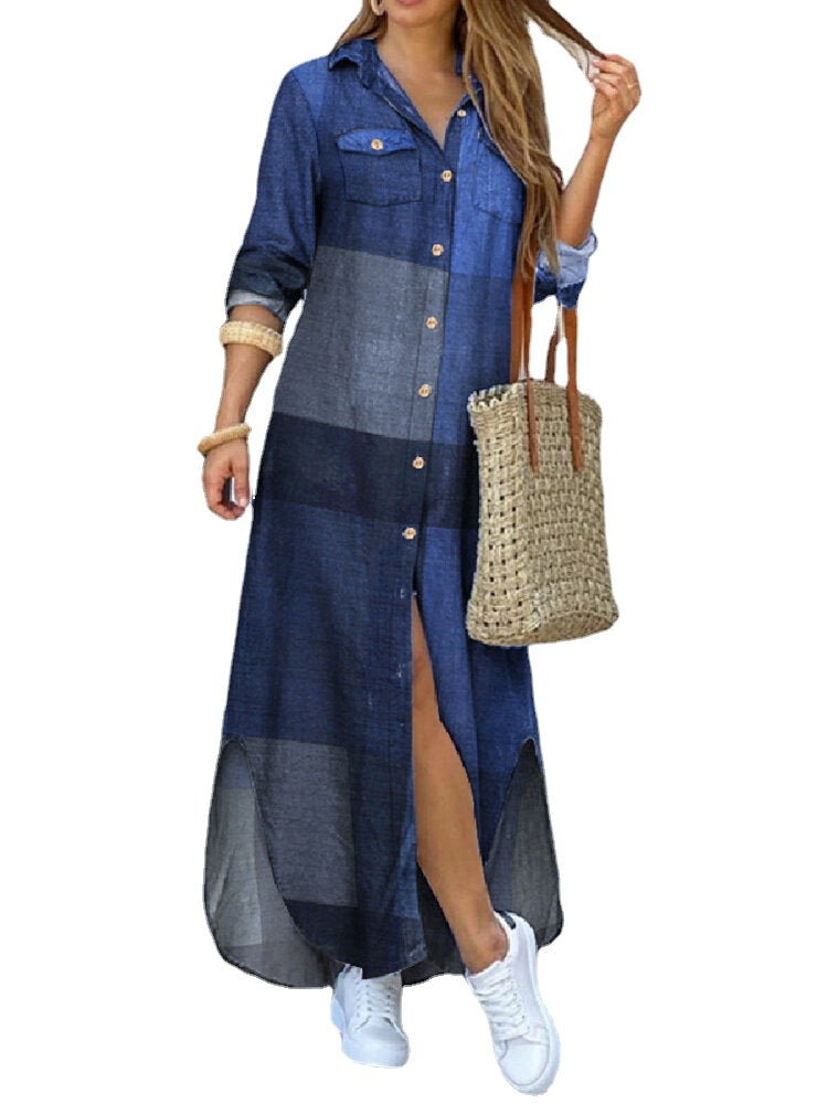 Women Casual Plaid Print Irregular Split Hem Maxi Shirts Dress with Side Pockets