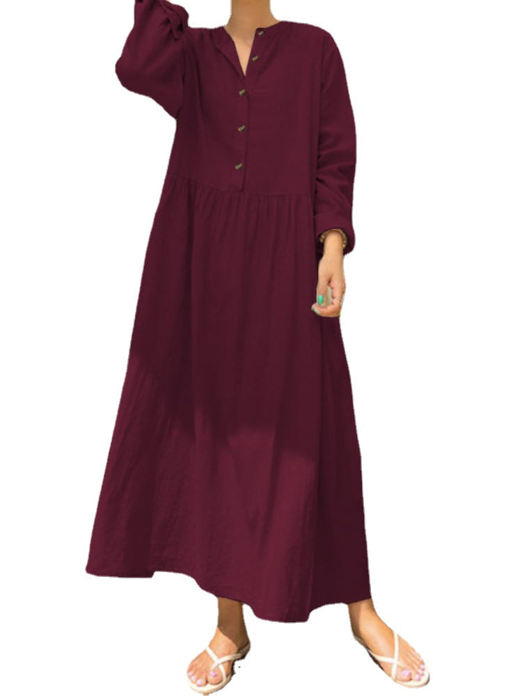 Women 100% Cotton Side Pockets Pleats Simple Casual Maxi Dress