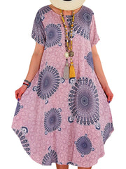 Women Tribal Print Round Neck Short Sleeve Vintage Dresses