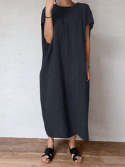 Solid Pocket Cotton Round Neck Casual Maxi Dress