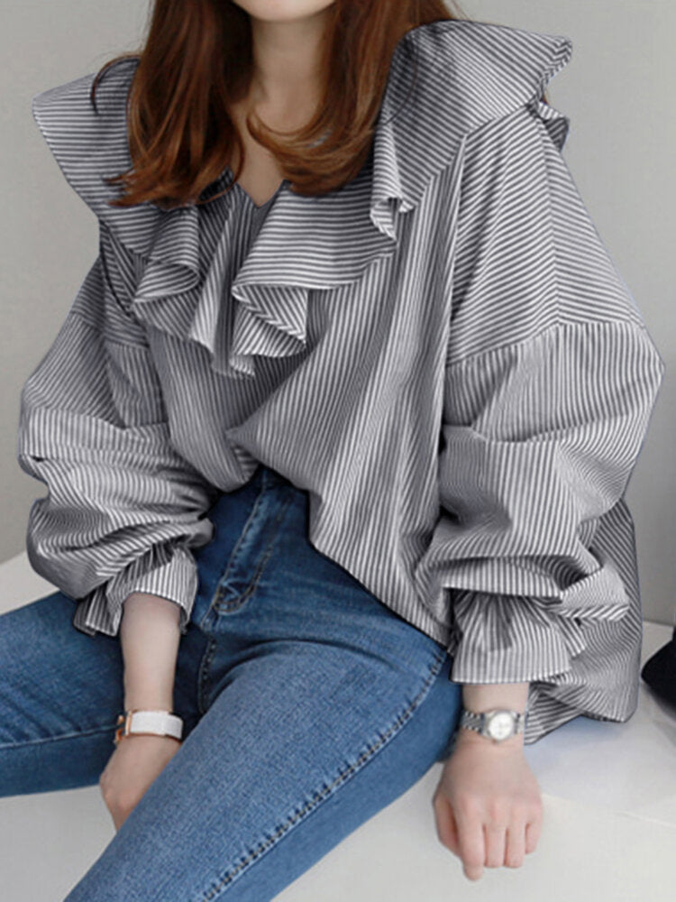 Women Ruffles Collared Striped Irregular Pleats Spliced Elastic Cuffs Casual Shirts