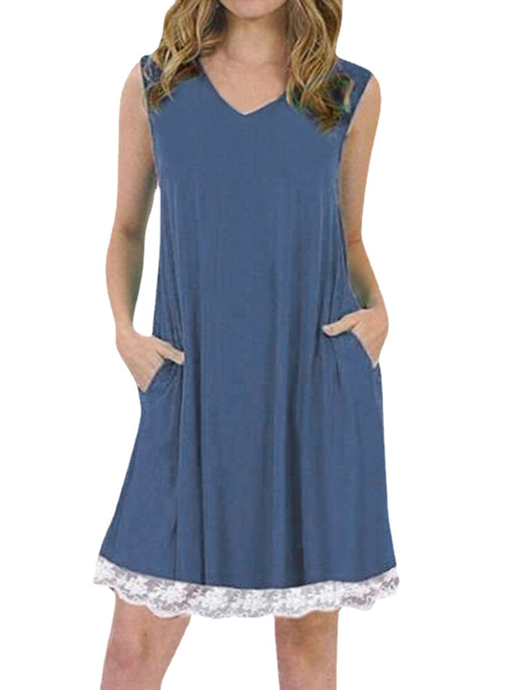 Summer Lace Patchwork Sleeveless Loungewear V-neck Daily Casual Dress