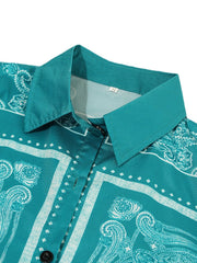 Women Ethnic Style Print Button Front Lapel Long Sleeve Shirt