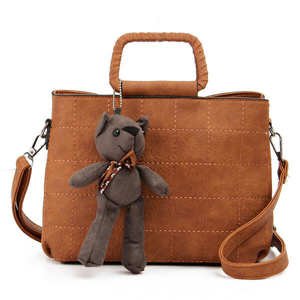 Retro Women PU Leather Plaid Bear Handbags Ladies Elgant Shoulder Bags Crossbody