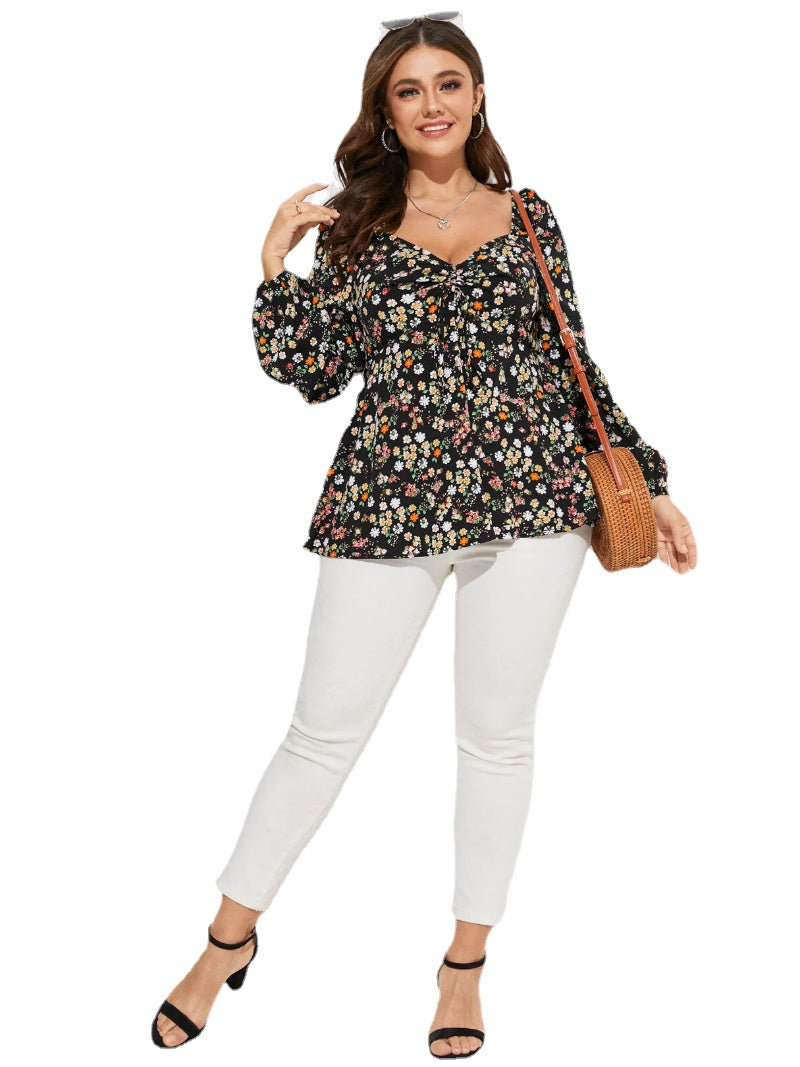 Plus Size Calico Drawstring Backless Design Long Sleeves Blouse