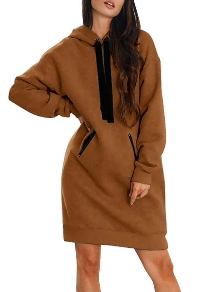 Women Hooded Collared Knee Length Front Pocket Casual Midi Dresses