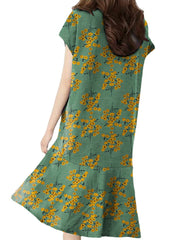 Floral Print Ruffle V Neck Cap Sleeve Midi Dress For Women