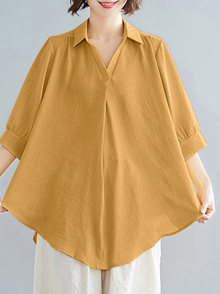 Solid Ruched Asymmetrical Lapel Casual Loose Blouse