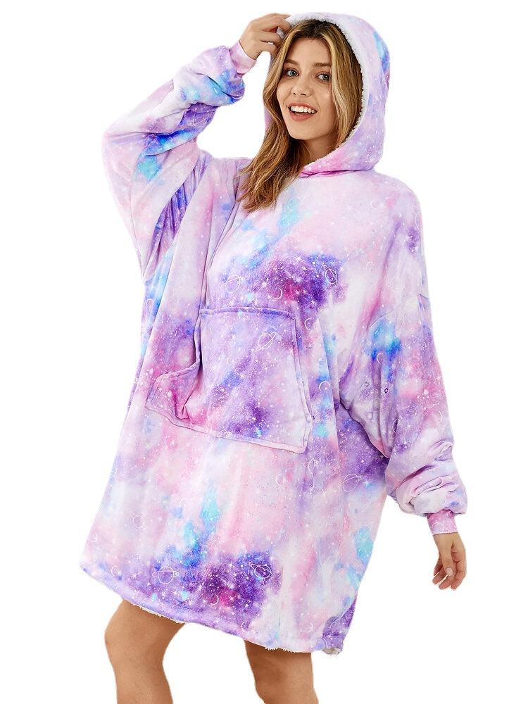 Women Starry Sky Print Oversized Thick Reversible Blanket Hoodie Comfy Homewear With Pocket