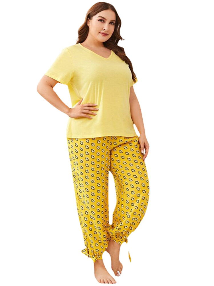 Plus Size Women Solid Color V-Neck Top Print Drawstrig Tie Beam Feet Long Pants Home Pajama Sets