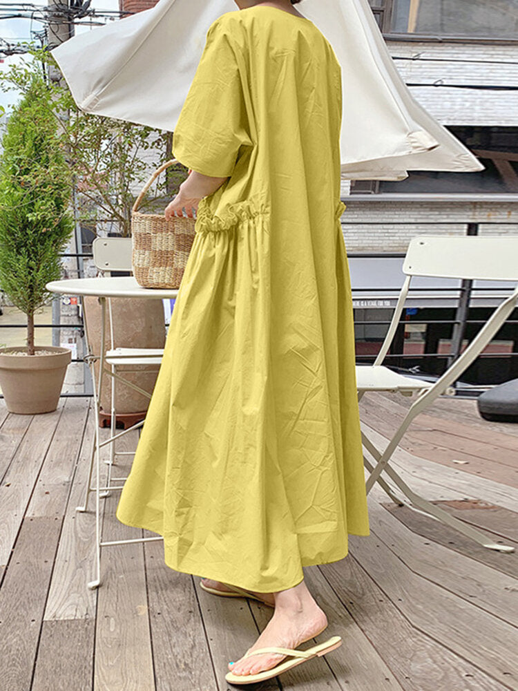 Casual Solid Color Round Neck Pleated Pocket Plain Maxi Dress