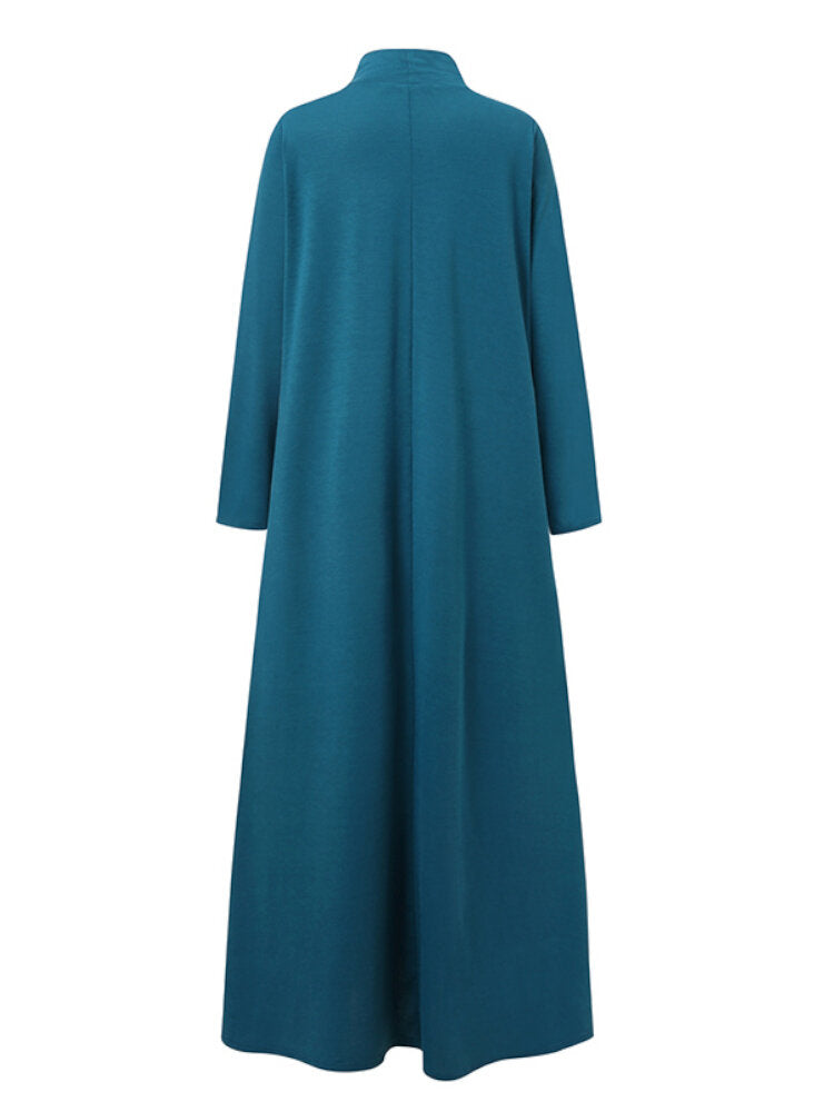 Solid Color Turtleneck Side Pockets Long Sleeve Vintage Maxi Dress For Women