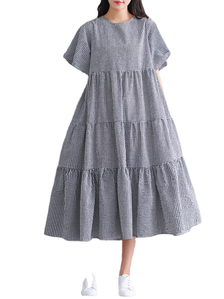 Plaid Knotted Ruffle Round Neck Short Sleeve Casual Maxi Dress