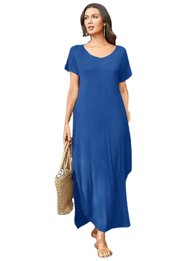 Round Neck Solid Pocket Loose Fit Short Sleeve Split Maxi Dress