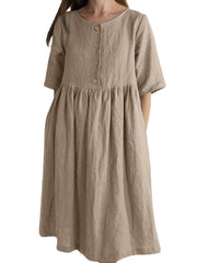 Solid Button Ruched Half Sleeve Casual Cotton Midi Dress