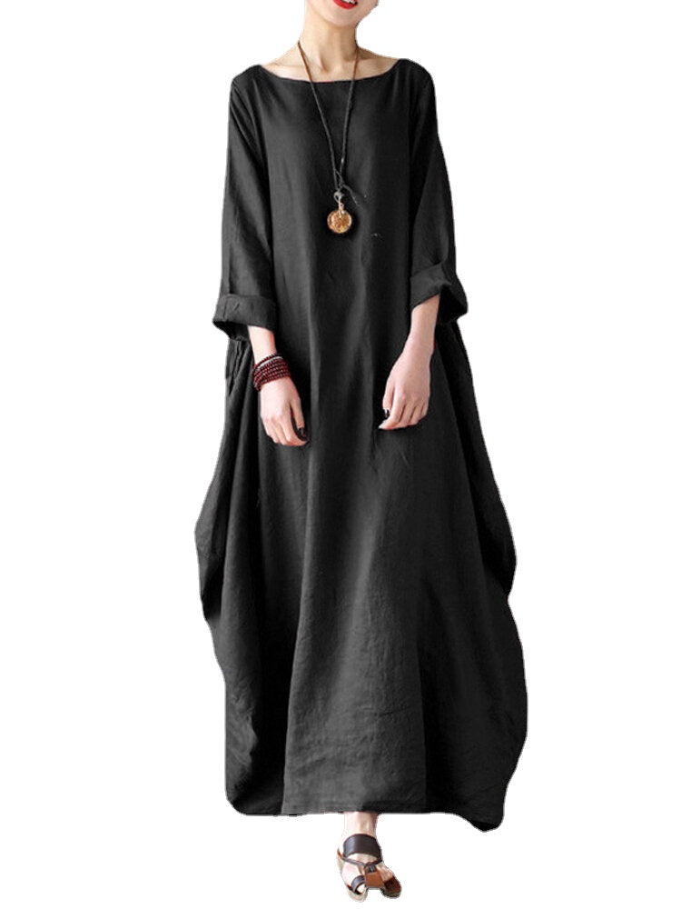 L-5XL Casual Women Loose Solid Color Baggy 3/4 Sleeve Maxi Dress(No Pocket)