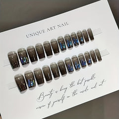 Glossy Press-On Nails: 24Pc Set with 3D Blue Rhinestones – Durable & Stylish