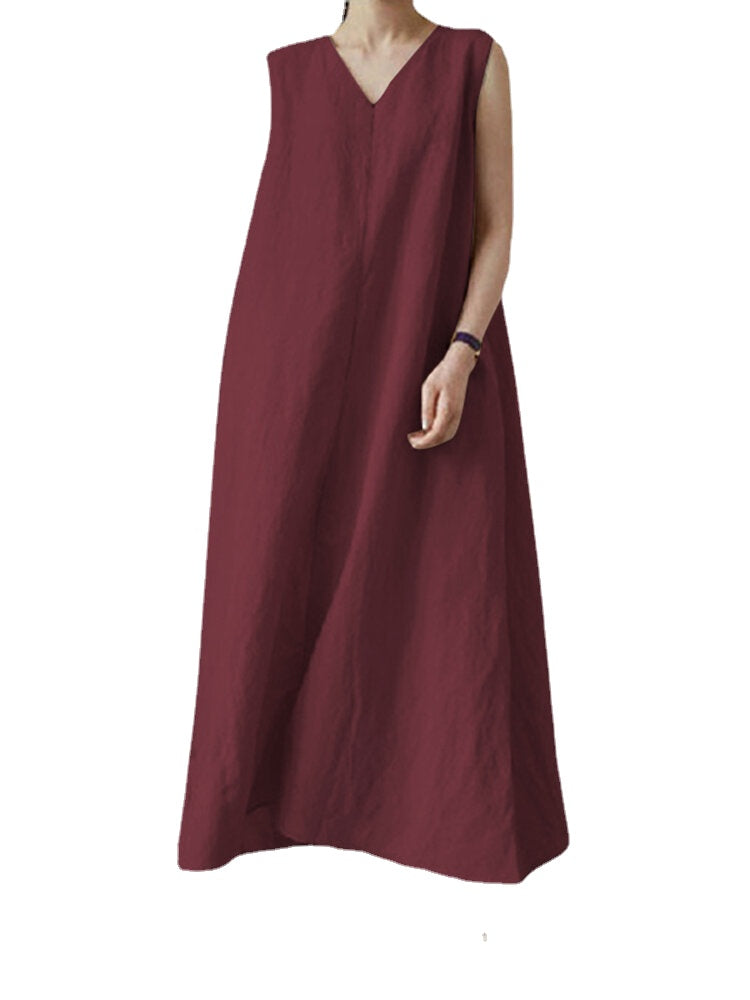 Solid V Neck Sleeveless Casual Cotton Maxi Dress