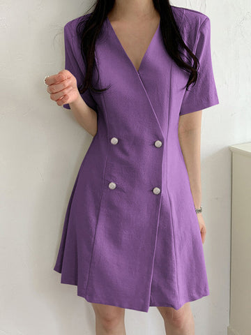 Cotton Solid Button Ruched V Neck Short Sleeve Midi Dress