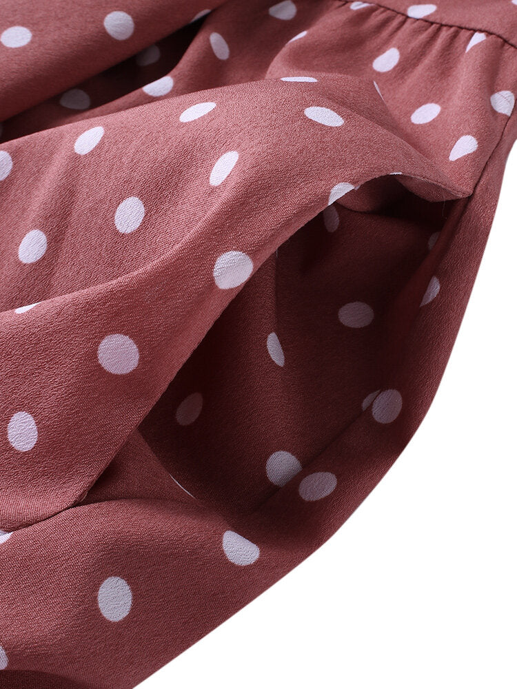 Women Polka Dot Print Short Sleeve O-neck Maxi Dress