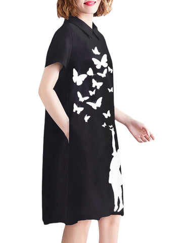 Figure Butterfly Pattern Pocket Short Sleeve Casual Midi Dress