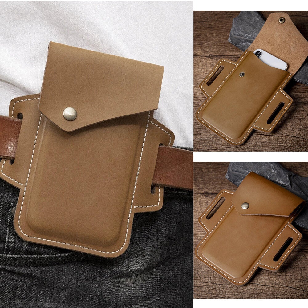 Men Genuine Leather Vintage 6.3 inch Phone Bag Waist Belt