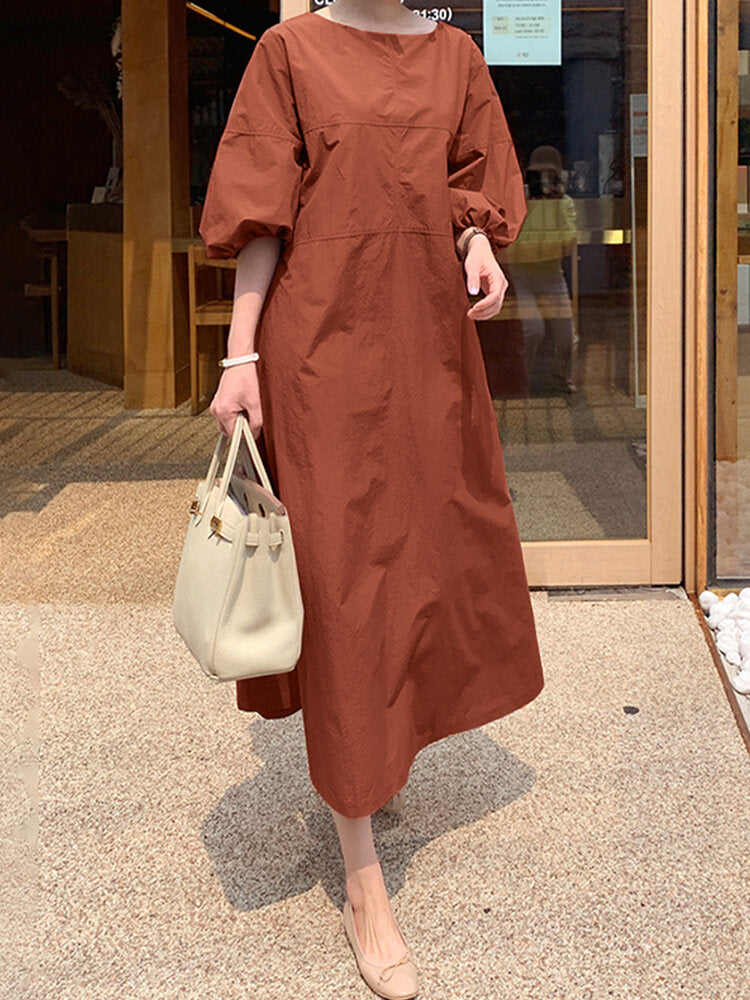 Women Solid Color O-Neck Puff Sleeves Swing Casual Maxi Dress