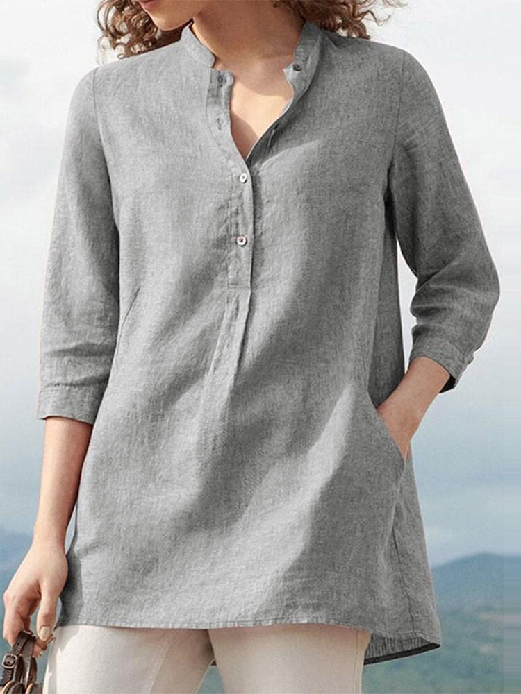 Women 3/4 Sleeve V Neck Button Down Tops Casual Loose Shirts Blouse