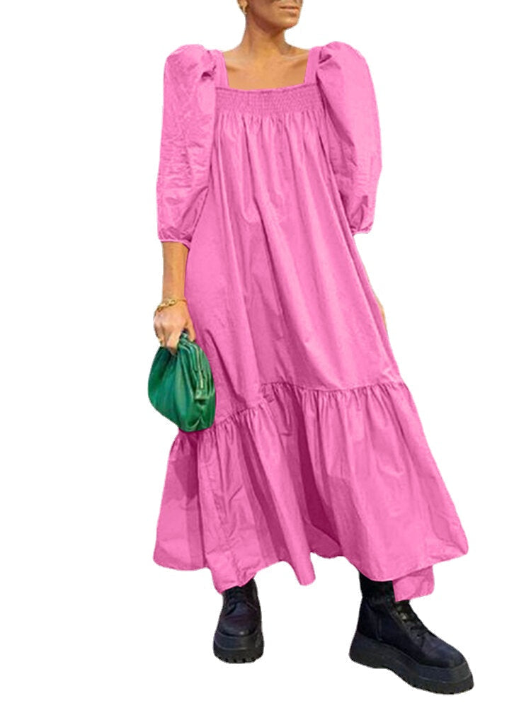 Square Neck Solid Color Puff Sleeve Ruffles Hem Casual Maxi Dress For Women