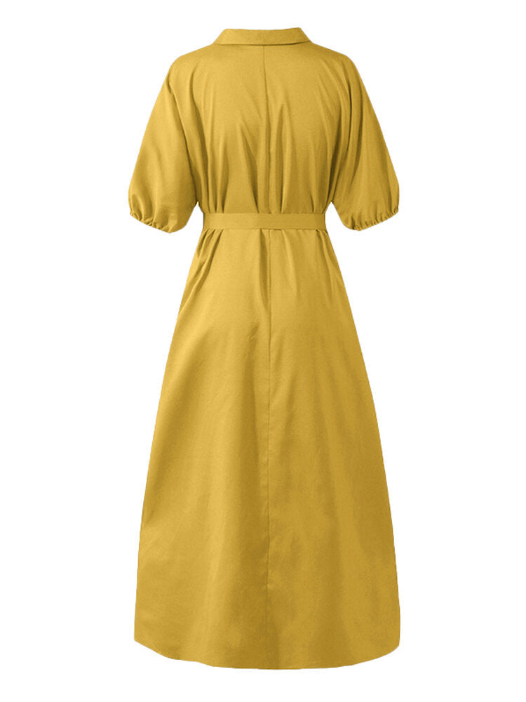 Women Casual Lapel Corn-strap Lantern Sleeve Mustard Yellow Maxi Dress