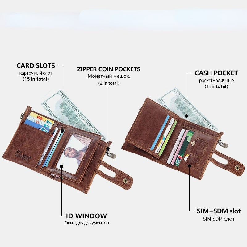 Men Retro Genuine Leather RFID Blocking Wallet 15 Card Slots Zipper Wallet