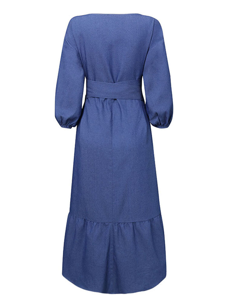 Women Denim Irregular Ruffle Hem Puff Sleeve Belted V-Neck Midi Dress