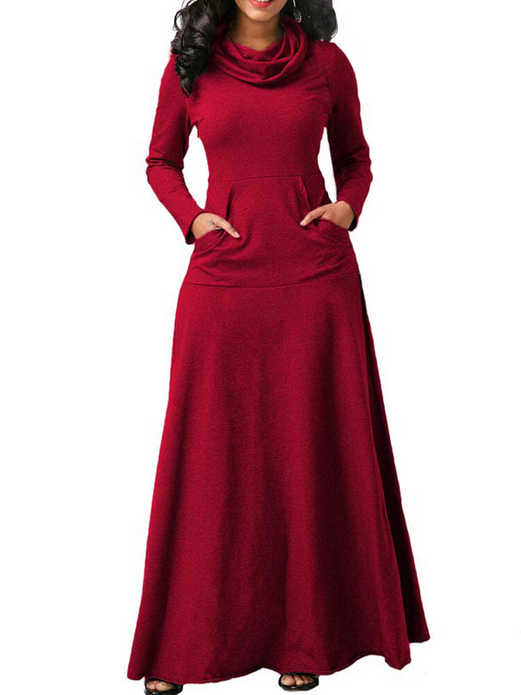 Casual Women Turtleneck Big Pocket Loose Hoodie Maxi Dress