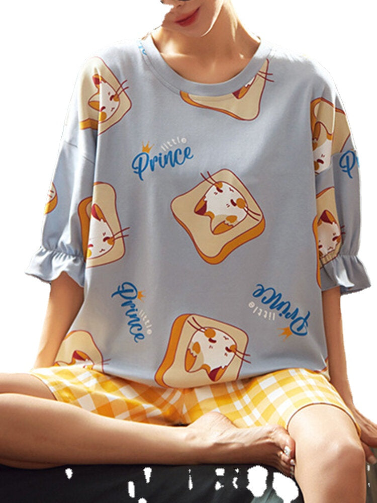 Women Cute Cartoon Print Half Sleeve Loose Two Piece Pajama Set