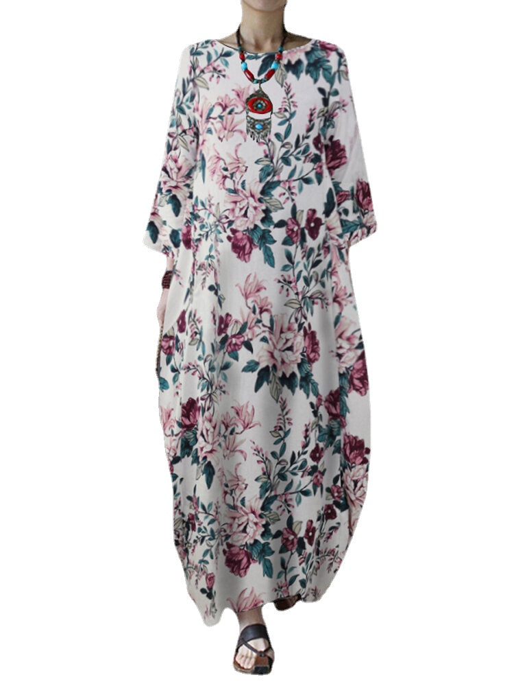 Vintage Floral Print Cotton Loose Maxi Dress with Side Pockets