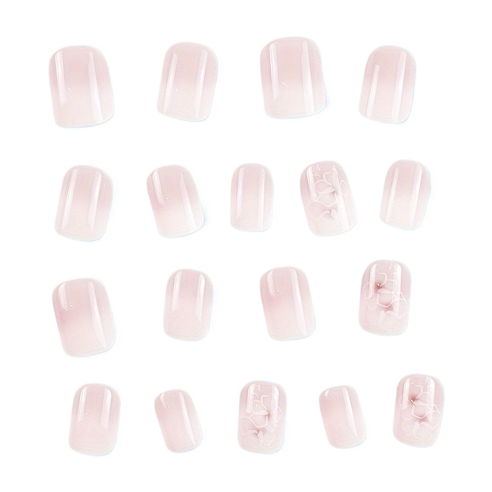 24pcs Glossy Short Square Fake Nails, White Pink Gradient Press On Nails with Flower Design