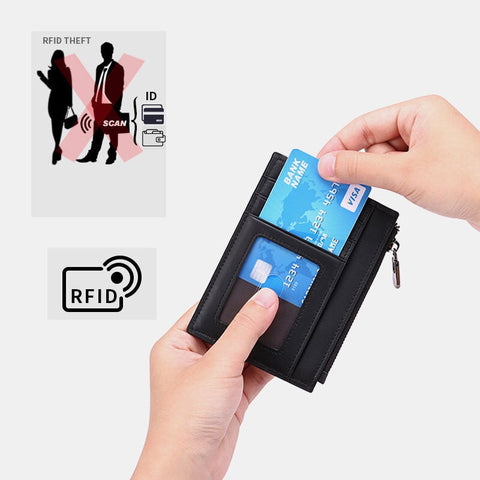 Men First Layer Cowhide RFID Anti-magnetic Wallets Ultra-thin 8 Card Slot Holder Zipper Coin Purse