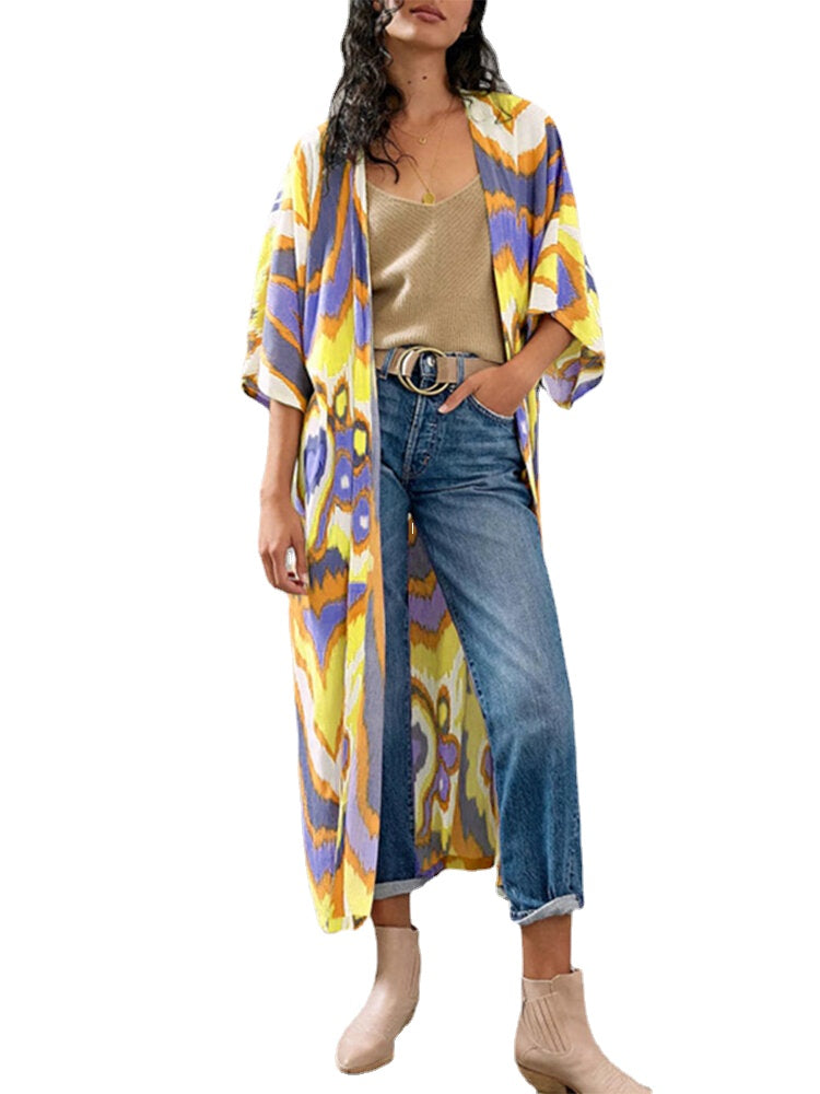 Printing Open Front 3/4 Sleeve Loose Cardigan For Women