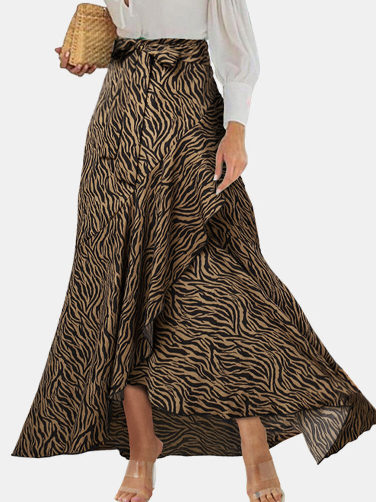 Women Zebra Print Asymmetric Ruffle Knotted Casual High Waist Skirts