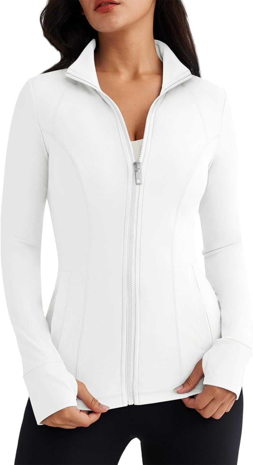 Women’s Full Zip Athletic Jacket – Breathable Lightweight Zip-Up Hoodie with Stand-Up Collar, Thumb Holes, and Zipper Pockets for Exercise and Outdoor Activities