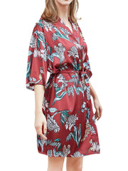 Plus Size Women Floral Print Half Sleeve Faux Silk Smooth Sleepwear Robes