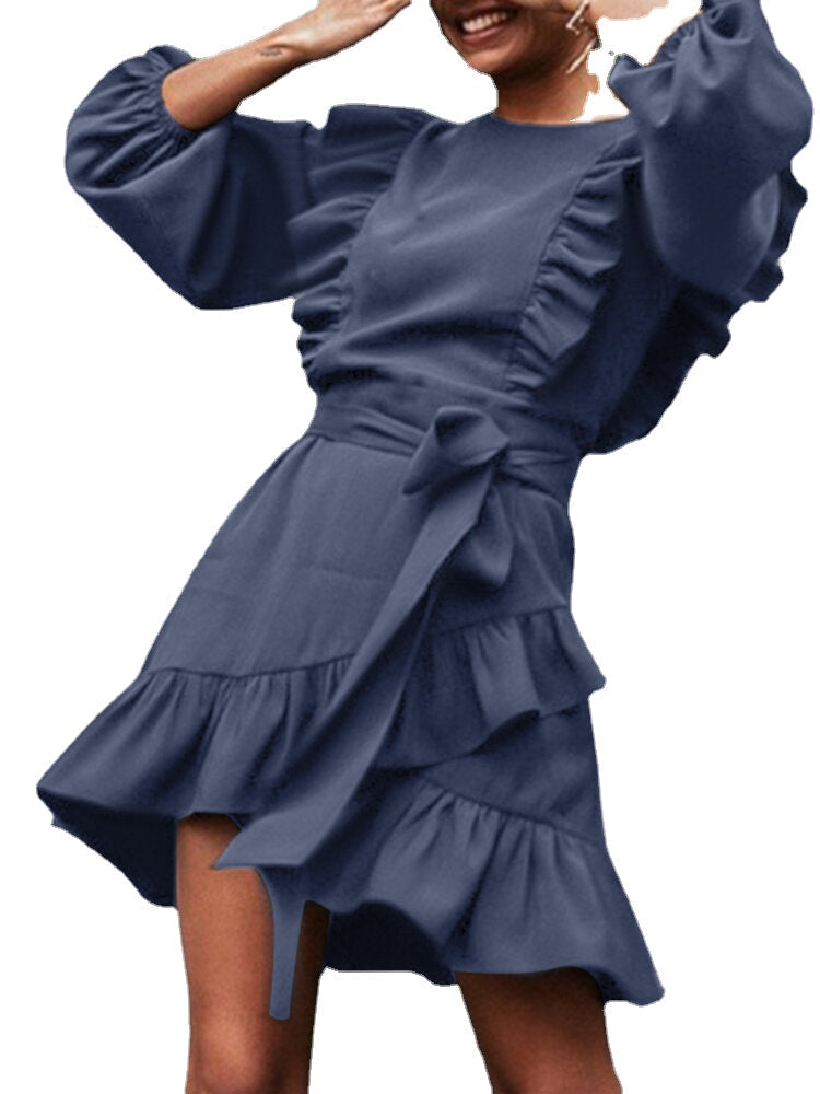 Women Pure Color Ruffle Trims Round Neck Casual Puff Sleeve Mini Dresses