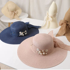 Women Straw Solid Color Elegant Big Brim Pearl Bowknot Wavy Edge Visor Sun Hat Beach Hat Bucket Hat