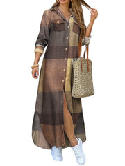 Women Casual Plaid Print Irregular Split Hem Maxi Shirts Dress with Side Pockets