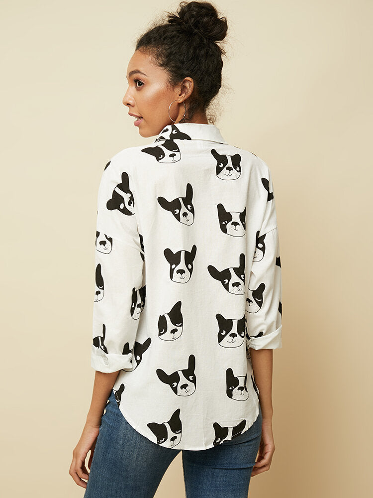 Cartoon Dog Animal Print Button Down Long Sleeve Irregular Hem Casual Blouse For Women