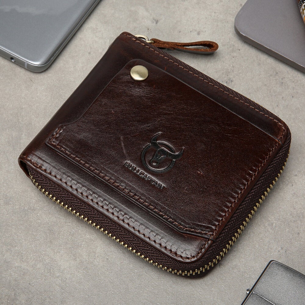 Men Genuine Leather Multifunction  Bifold Zipper Wallets RFID Anti-magnetic Multi-card Slot Card Holder Coin Purse