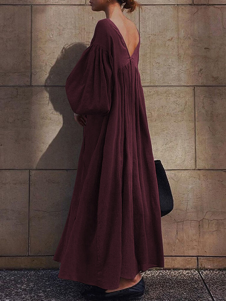 Women Solid Color V-Neck Tie Bubble Sleeves Pleated A-line Maxi Dresses