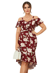 Plus Size Cold Shoulder Floral Print Ruffle Trim Dress